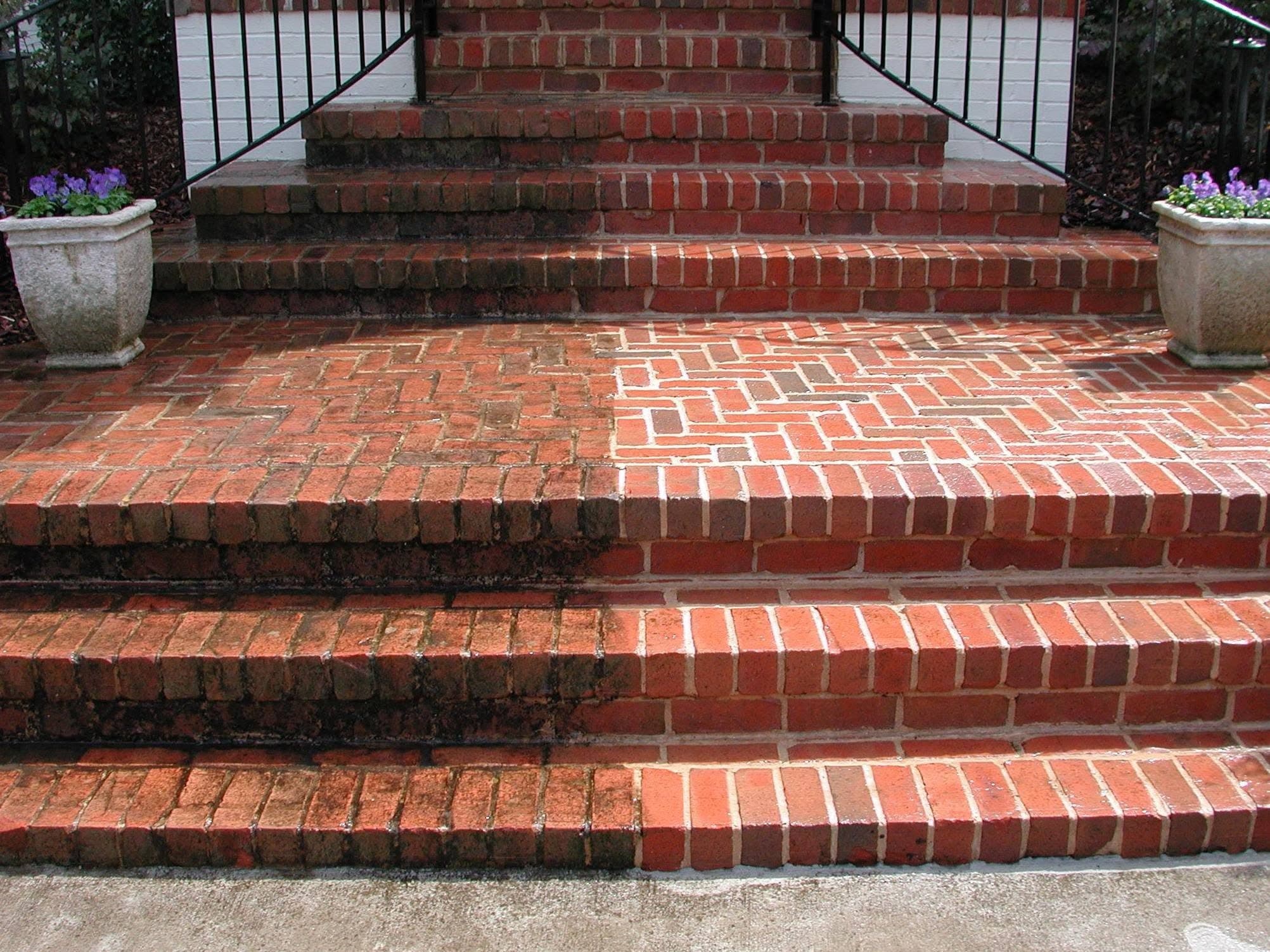 Brick porch and steps before and after StarBro's Services pressure washing